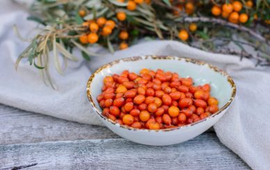Sea buckthorn berries in a plate on a light background, sea buckthorn oil and mors, sea buckthorn tea. super food and healthy food